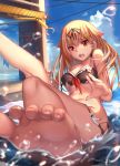  1boy 1girl :o absurdres admiral_(kantai_collection) bangs barefoot bikini black_bikini black_ribbon blonde_hair blue_sky breasts cable clouds crane day fang feet foreshortening giantess hair_flaps hair_ornament hair_ribbon hairclip hanging_on hat highres kantai_collection leg_up long_hair looking_at_viewer medium_breasts military military_uniform naval_uniform open_mouth outdoors peaked_cap pov_feet red_eyes remodel_(kantai_collection) ribbon sitting size_difference sky soles solo_focus splashing sunlight swimsuit teeth toenails toes torn_bikini torn_clothes torn_swimsuit under_boob uniform wardrobe_malfunction water water_drop weiyinji_xsk yuudachi_(kantai_collection) 
