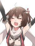  1girl armpits arms_up bare_shoulders black_gloves black_neckerchief blush brown_hair buttons closed_eyes commentary_request elbow_gloves eyebrows_visible_through_hair gloves hair_between_eyes hair_ornament kantai_collection neckerchief open_mouth remodel_(kantai_collection) rinto_(rint_rnt) round_teeth scarf school_uniform sendai_(kantai_collection) simple_background smile solo teeth upper_body white_background white_scarf 