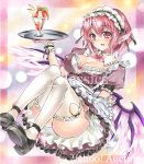  1girl alternate_costume apron artist_name at_classics bangs bird_wings black_shoes blush bow bowtie breasts cleavage covered_nipples detached_collar earrings enmaided eyebrows_visible_through_hair frilled_apron frills full_body glasses hair_between_eyes holding holding_tray jewelry looking_at_viewer maid maid_headdress medium_breasts mystia_lorelei nail_polish open_mouth panties parfait pink_bow pink_bowtie pink_eyes pink_hair puffy_short_sleeves puffy_sleeves sample shoes short_hair short_sleeves side-tie_panties solo thigh-highs touhou traditional_media tray underwear waist_apron watermark white_apron white_legwear white_panties wings wristband 