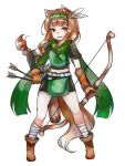  1girl animal_ears ankle_wraps arrow boots bow_(weapon) braid brown_eyes brown_hair commentary_request feathers full_body gloves green_scarf hair_feathers hairband highres holo legs_apart long_hair looking_at_viewer mayumura_basako midriff mismatched_gloves quiver scarf simple_background single_braid solo spice_and_wolf tail weapon white_background wolf_ears wolf_tail 