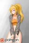  1girl :| ahoge alfred_cullado ass_visible_through_thighs blush breasts cleavage closed_mouth clothes_pull cowboy_shot drawstring grey_background high_ponytail highres hood hoodie large_breasts long_ponytail looking_away midriff navel patreon_logo ponytail rwby solo tank_top thighs violet_eyes watermark web_address yang_xiao_long zipper zipper_pull_tab 