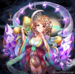  1girl breasts brown_eyes brown_hair candle cleavage copyright_name crystal earrings flower glint hair_flower hair_ornament jewelry looking_at_viewer luck_&amp;_logic medium_breasts nanahoshi_yukari official_art solo standing sweatdrop tagme toshi_gahara wide_sleeves 