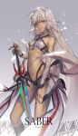  1girl altera_(fate) bare_shoulders black_nails breasts dark_skin detached_sleeves fate/grand_order fate_(series) looking_at_viewer midriff nail_polish navel red_eyes revision ritsuki short_hair small_breasts solo sword veil weapon white_hair 