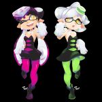  +_+ 2girls 3d_rod! ankle_boots aori_(splatoon) artist_name bangs black_background black_boots black_dress black_hair black_jumpsuit boots breasts brown_eyes cleavage cousins detached_collar domino_mask dress earrings fangs food food_on_head full_body gloves green_legwear grey_hair hotaru_(splatoon) jewelry long_hair looking_at_viewer mask medium_breasts mole mole_under_eye multiple_girls object_on_head one_eye_closed open_mouth pantyhose pointy_ears purple_legwear short_dress short_hair short_jumpsuit simple_background smile splatoon squid_pose standing standing_on_one_leg strapless strapless_dress sushi symmetrical_hand_pose tentacle_hair unitard very_long_hair white_gloves 