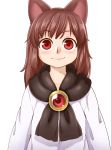  1girl animal_ears bangs blush brown_hair child commentary_request dress gem imaizumi_kagerou long_hair looking_at_viewer poronegi red_eyes scarf simple_background smile solo touhou upper_body white_background white_dress wolf_ears 