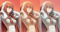  1girl absurdres arms_up artist_name bangs bell breasts brown_hair cloak comparison eyebrows_visible_through_hair fur_trim girls_frontline green_eyes hair_bell hair_between_eyes hair_ornament haje highres hood hooded_cloak jingle_bell large_breasts long_hair looking_at_viewer m1903_springfield_(girls_frontline) multiple_views parted_lips ribbed_sweater signature smile sweater upper_body white_sweater 