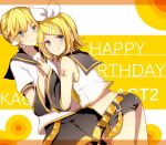  1boy 1girl aqua_eyes ass black_shorts blonde_hair blush brother_and_sister character_name crop_top detached_sleeves eyebrows_visible_through_hair frilled_shirt frills grin hair_between_eyes hair_ornament hair_ribbon hairband hairclip happy_birthday harusawa headphones kagamine_len kagamine_rin looking_at_viewer midriff ribbon school_uniform serafuku shiny shiny_skin shirt short_hair short_shorts short_sleeves shorts siblings sleeveless sleeveless_shirt smile teeth vocaloid white_hairband white_ribbon white_shirt 