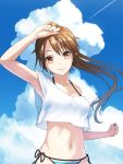  1girl armpits bangs bikini bikini_under_clothes blue_sky breasts brown_eyes brown_hair clenched_hands closed_mouth clouds cloudy_sky commentary_request condensation_trail day hand_up head_tilt highres long_hair looking_at_viewer medium_breasts nail_polish navel off_shoulder pink_nails ponytail shirt sky smile solo striped striped_bikini striped_bikini_bottom sugi_214 swimsuit upper_body white_shirt 