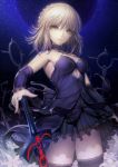  1girl artoria_pendragon_(all) bangs blonde_hair breasts dark_excalibur dark_persona detached_sleeves dress eyebrows_visible_through_hair fate/grand_order fate/stay_night fate_(series) flower hisabosi looking_at_viewer medium_breasts miniskirt night night_sky revision saber saber_alter short_hair skirt sky solo sword thigh-highs weapon yellow_eyes zettai_ryouiki 