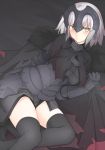  1girl armor bangs black_legwear blush breasts cloak closed_mouth eyebrows_visible_through_hair fate/grand_order fate_(series) faulds fur_trim grey_hair headpiece jeanne_alter large_breasts looking_at_viewer mobu ruler_(fate/apocrypha) short_hair solo thigh-highs thighs yellow_eyes 