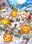  &gt;:d 3girls :d ^_^ amatsukaze_(kantai_collection) anchor_hair_ornament beret blonde_hair choker closed_eyes curly_hair epaulettes explosion fang firing garter_straps green_eyes hair_ornament hair_tubes hairband hat highres kantai_collection kashima_(kantai_collection) long_hair looking_at_viewer machinery multiple_girls nichika_(nitikapo) open_mouth pleated_skirt rensouhou-chan rensouhou-kun school_uniform serafuku shimakaze_(kantai_collection) skirt smile striped striped_legwear thigh-highs turret twintails two_side_up 