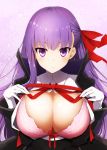  1girl :&gt; bangs bb_(fate/extra_ccc) blush bra breasts cleavage closed_mouth commentary_request eyebrows_visible_through_hair fate/extra fate/extra_ccc fate_(series) gloves hair_ribbon kurikara large_breasts long_hair looking_at_viewer pink_bra purple_hair red_ribbon ribbon smile solo underwear very_long_hair violet_eyes white_gloves 
