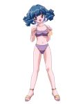  1girl 90s adjusting_clothes adjusting_swimsuit aqua_hair bikini blue_eyes blush full_body highres long_hair navel open_mouth rolfee sandals simple_background solo striped striped_bikini swimsuit tadano_kazuko tonari_no_princess_rolfee white_background 