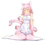  1girl animal_ears apron aranagi_(arng_4401) bare_shoulders blush bow bowtie cat_ears cat_tail eyebrows_visible_through_hair frills gloves holding_strap kemono_friends peach_panther_(kemono_friends) pink_hair pink_legwear sitting solo tail tail_bow thigh-highs 