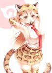  1girl absurdres animal_print arched_back armpits arms_behind_head belt blonde_hair brown_hair clouded_leopard_(kemono_friends) commentary cowboy_shot elbow_gloves gloves hairdressing hands_in_hair highres japari_symbol kanzakietc kemono_friends leopard_ears leopard_print leopard_tail long_hair looking_at_viewer mouth_hold multicolored_hair necktie pleated_skirt print_gloves print_legwear print_skirt red_necktie scrunchie shirt simple_background skirt sleeveless sleeveless_shirt solo striped_tail thigh-highs white_background white_shirt zettai_ryouiki 