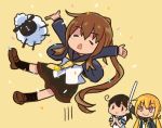  3girls ahoge arm_up arms_up black_hair blonde_hair brown_hair closed_eyes comic commentary_request confetti fumizuki_(kantai_collection) kantai_collection long_hair long_sleeves low_twintails multiple_girls neckerchief open_mouth otoufu pleated_skirt ponytail remodel_(kantai_collection) satsuki_(kantai_collection) school_uniform serafuku sheep short_sleeves skirt smile socks translation_request triangle_mouth twintails ushio_(kantai_collection) yellow_background yellow_eyes 