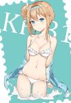  1girl alternate_hairstyle blonde_hair blue_eyes blush breasts character_name cleavage closed_mouth collarbone even_(17245601) girls_frontline hair_ornament hairband looking_at_viewer medium_breasts revision sidelocks solo suomi_kp31_(girls_frontline) swimsuit 