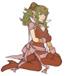  1girl breasts cape chiki dress fire_emblem fire_emblem:_kakusei fire_emblem:_mystery_of_the_emblem gloves green_eyes green_hair hair_ornament hair_ribbon jewelry jivke long_hair older pointy_ears ponytail red_dress ribbon short_dress solo thigh-highs 