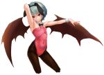  1girl animal_ears armpits bat_wings black_bow black_bowtie black_legwear bow bowtie breasts bunnysuit closed_mouth covered_navel cropped_legs detached_collar eyebrows_visible_through_hair fake_animal_ears fang_out green_hair hair_between_eyes hairband highleg highleg_leotard kabocha_head leotard looking_at_viewer outstretched_arm pantyhose pink_leotard pointy_ears rabbit_ears red_eyes remilia_scarlet short_hair simple_background small_breasts smile solo touhou white_background wings wrist_cuffs 