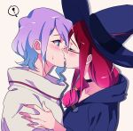  ! 2girls aqua_eyes black_choker blue_clothes blue_hat blue_hoodie blush choker cloak closed_eyes couple croix_meridies female friends from_side glasses half-closed_eyes hand_on_another&#039;s_shoulder hat highres hood hooded_cloak hoodie hug kiss lavender_hair little_witch_academia long_hair looking_at_another low-tied_long_hair multiple_girls neck negom redhead shiny_chariot short_hair simple_background sweatdrop thought_bubble upper_body ursula_charistes white_background white_clothes witch witch_hat yuri 