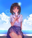  1girl arm_at_side backlighting blue_skirt blue_sky brown_hair clouds collarbone commentary_request cowboy_shot dark_skin day eyebrows eyebrows_visible_through_hair food holding holding_food horizon ice_cream konbu_wakame lens_flare looking_at_viewer melting neckerchief ocean open_mouth original pleated_skirt popsicle revision school_uniform see-through serafuku sitting skirt sky solo summer tan tareme thighs violet_eyes water wet wet_clothes 