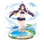  1girl ahoge anklet ball barefoot beachball bikini bikini_skirt black_bikini floating_hair food fruit full_body grin hair_ribbon hairband holding holding_food jewelry layered_skirt long_hair looking_at_viewer navel necklace one_leg_raised palm_tree pointy_ears purple_hair red_eyes red_hairband red_ribbon ribbon simple_background smile solo standing striped striped_bikini swimsuit sword_art_online tree twintails very_long_hair water white_background yuuki_(sao) 