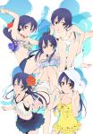  armpits bangs bikini blue_hair blue_nails blush collarbone flower hair_flower hair_ornament highres long_hair looking_at_viewer love_live! love_live!_school_idol_project multiple_persona nail_polish shorts simple_background smile sonoda_umi swimsuit tani_takuya towel towel_on_head white_bikini yellow_eyes yellow_swimsuit 