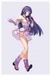  1girl air_(air_end) bangs bare_shoulders blue_eyes boots breasts brooch character_name choujikuu_yousai_macross dress full_body gloves jewelry lavender_dress long_hair looking_at_viewer lynn_minmay macross macross:_do_you_remember_love? medium_breasts microphone purple_boots purple_gloves purple_hair ringlets short_dress smile solo standing strapless strapless_dress tube_dress 