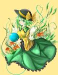  1girl :q black_hat blush bow breasts eyeball flower frilled_shirt_collar frilled_skirt frilled_sleeves frills full_body green_eyes green_hair green_skirt hair_between_eyes hat hat_bow heart heart-shaped_pupils heart_of_string highres komeiji_koishi long_sleeves medium_breasts psyren2 shirt short_hair skirt smile solo symbol-shaped_pupils third_eye tongue tongue_out touhou wide_sleeves yellow_bow yellow_shirt 