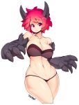  1girl bare_shoulders black_panties breasts claws cleavage curvy highres horns large_breasts light_smile navel panties red_eyes redhead short_hair signature simple_background slugbox solo thick_thighs thighs toned underwear white_background wide_hips 