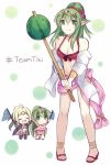  2girls ahoge bangs bikini blush breasts chibi chiki cleavage closed_eyes dizzyworld2 dual_persona fang fire_emblem fire_emblem_heroes food fruit green_eyes green_hair hashtag holding_flag multiple_girls nowi_(fire_emblem) ribbon sidelocks smile stick swimsuit watermelon 