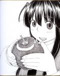  1girl :d apple bangs bat_wings bitten_apple blush close-up colored_pencil_(medium) commentary_request eyebrows_visible_through_hair fingernails food fruit head_wings holding holding_fruit koakuma long_hair looking_at_viewer monochrome open_mouth photo poronegi simple_background smile solo touhou traditional_media white_background wings 