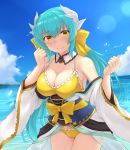  1girl blush bow breasts cleavage closed_mouth cold_(hoshinoskull) collarbone eyebrows_visible_through_hair fate/grand_order fate_(series) green_hair hair_bow highres horns kiyohime_(fate/grand_order) large_breasts long_hair looking_at_viewer smile solo yellow_bow yellow_eyes 