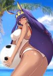  1girl ass ball beach blush dark_skin facial_mark fate/grand_order fate_(series) highres kawabata_yoshiro long_hair looking_to_the_side medjed nitocris_(fate/grand_order) palm_tree purple_hair smile solo sweat swimsuit tree violet_eyes 
