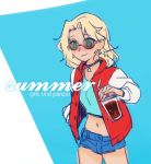  1girl alternate_costume blonde_hair blue_eyes blue_tank_top blush copyright_name denim denim_shorts english girls_und_panzer jacket jewelry kay_(girls_und_panzer) letterman_jacket long_hair midriff navel necklace shorts sketch solo soramame_(corndog) sunglasses tank_top 