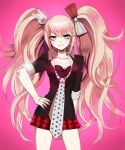  1girl black_bra black_shirt blonde_hair blue_eyes bow bra breasts bunny_hair_ornament cleavage collarbone cowboy_shot dangan_ronpa dangan_ronpa_1 enoshima_junko eyebrows_visible_through_hair grey_necktie grin hair_bow hair_ornament hand_on_hip long_hair looking_at_viewer miniskirt nail_polish necktie pink_background pink_nails pleated_skirt polka_dot_necktie red_bow red_skirt shirt skirt small_breasts smile solo standing twintails underwear urayura very_long_hair white_bow 