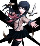  1girl :d bird black_hair black_legwear black_skirt bow bowtie collarbone dangan_ronpa dangan_ronpa_1 feathers floating_hair grey_eyes grey_shirt hair_ornament hairclip holding holding_microphone long_hair looking_at_viewer maizono_sayaka microphone miniskirt official_style open_mouth outstretched_arm pink_bow pink_bowtie pleated_skirt ryuuhou_(urs87) school_uniform serafuku shirt skirt smile solo thigh-highs zettai_ryouiki 