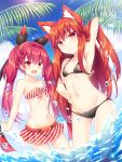  2girls :d aka_no_ripika animal_ears arm_up armpits bangs bare_arms bare_shoulders beatmania beatmania_iidx bikini bikini_skirt black_bikini black_ribbon blue_sky braid branch cat_ears closed_mouth clouds collarbone commentary_request day eyebrows_visible_through_hair flat_chest french_braid groin hair_between_eyes hair_ribbon hand_in_hair hand_on_own_stomach highres long_hair looking_at_viewer lowleg lowleg_bikini multiple_girls navel open_mouth outdoors pleated_skirt red_bikini red_eyes redhead ribbon roshin shiny shiny_hair skirt sky smile sparkle standing stomach strapless strapless_bikini string_bikini striped striped_bikini sun sunlight swimsuit tsurime twintails umegiri_ameto very_long_hair wading water water_drop 