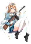  1girl bangs black_boots blonde_hair blue_eyes blush boots bullet closed_mouth diten eyebrows_visible_through_hair full_body girls_frontline gloves gun hair_ornament hairband holding holding_gun holding_weapon long_hair long_sleeves looking_at_viewer military military_uniform one_side_up pleated_skirt shell_casing simple_background skirt snowflake_hair_ornament solo striped striped_skirt submachine_gun suomi_kp/-31 suomi_kp31_(girls_frontline) thigh-highs thighs uniform vertical-striped_skirt vertical_stripes weapon white_background white_gloves white_legwear 