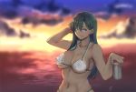  &gt;:) 1girl alternate_costume aqua_eyes backlighting bare_arms bare_shoulders beer_can bikini blurry blush breasts can cleavage closed_mouth collarbone curvy depth_of_field evening flower grey_hair hair_flower hair_ornament halter_top halterneck hayabusa kantai_collection large_breasts long_hair looking_at_viewer navel ocean smile solo stomach suzuya_(kantai_collection) swimsuit upper_body white_bikini wide_hips 