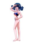  1girl 90s aqua_hair barefoot blue_eyes blush full_body goggles goggles_on_head hand_on_hip highres long_hair multicolored multicolored_clothes multicolored_swimsuit one-piece_swimsuit open_mouth rolfee simple_background solo swimsuit tadano_kazuko tonari_no_princess_rolfee white_background 