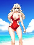  beach blonde_hair blue_eyes breasts cleavage covered_navel hakkai highres long_hair looking_at_viewer one-piece_swimsuit princess_peach red_swimsuit super_smash_bros. swimsuit 