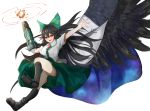  1girl :d arm_cannon bird_wings black_boots black_hair black_legwear black_wings boots bow breasts cape collared_shirt from_side full_body green_bow green_skirt hair_between_eyes hair_bow large_breasts long_hair looking_at_viewer looking_to_the_side open_mouth outstretched_arms psyren2 red_eyes reiuji_utsuho shirt short_sleeves skirt smile socks solo spread_arms spread_wings third_eye touhou weapon white_shirt wings 