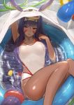  1girl animal_ears arm_up armpits bangs blunt_bangs blush breasts dark_skin eyeliner facial_mark fate/grand_order fate_(series) from_above hairband large_breasts long_hair looking_at_viewer lying makeup medjed nitocris_(fate/grand_order) on_back one-piece_swimsuit parted_lips partially_submerged purple_hair reido_(reido_c) rubber_duck solo swimsuit very_long_hair violet_eyes wading_pool wet white_swimsuit 