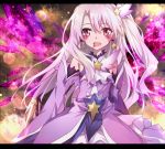  1girl :d blood commentary detached_sleeves dress earrings energy_wings fate/kaleid_liner_prisma_illya fate_(series) hair_between_eyes hair_ornament illyasviel_von_einzbern jewelry long_hair looking_at_viewer magical_girl one_side_up open_mouth pink_dress pink_eyes pink_hair prisma_illya_(zwei_form) smile solo star star_earrings star_hair_ornament tsuedzu 