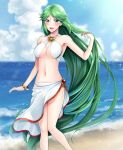  1girl beach bikini blush breasts green_eyes green_hair highres kid_icarus kid_icarus_uprising large_breasts long_hair looking_at_viewer navel open_mouth palutena smile solo swimsuit tiara very_long_hair yuino_(fancy_party) 