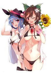  2girls bikini black_bikini black_hat black_legwear blue_hair bow breasts brown_hair cleavage flower food fruit green_bow hair_bow hair_flower hair_ornament hairclip hat hinanawi_tenshi large_breasts looking_at_viewer multiple_girls navel one_eye_closed peach ponytail red_eyes reiuji_utsuho shirt side-tie_bikini simple_background single_thighhigh smile standing stomach string_bikini sunflower swimsuit tetsurou_(fe+) thigh-highs thigh_gap third_eye touhou under_boob white_background white_bikini white_flower white_shirt wrist_cuffs 