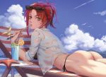  1girl ass benghuai_xueyuan bikini bird black_bikini blue_sky blush breasts brown_hair cocktail_glass cocktail_umbrella commentary_request condensation_trail cup day deck_chair drinking_glass drinking_straw food fruit glass lemon lemon_slice lime_slice looking_at_viewer looking_back lying medium_breasts murata_himeko nail_polish ocean on_stomach open_clothes open_shirt orange orange_slice parted_lips red_nails redhead sandals see-through shirt sky sunglasses sunglasses_on_head sweatdrop swimsuit table thong_bikini tied_hair upper_body 