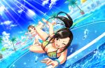  2girls bikini black_hair bracelet breasts brown_hair cleavage fang idolmaster idolmaster_cinderella_girls idolmaster_cinderella_girls_starlight_stage jewelry katagiri_sanae large_breasts mukai_takumi multiple_girls necklace o-ring o-ring_swimsuit official_art one-piece_swimsuit open_mouth ponytail pool smile swimsuit water 