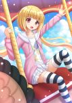 1girl :d alice_to_zouroku blonde_hair blue_sky brown_eyes carousel clouds cloudy_sky fang highres hood hooded_jacket jacket kashimura_sana kazenokaze long_hair looking_at_viewer low_twintails open_mouth riding sky smile solo striped striped_legwear thigh-highs twintails zettai_ryouiki 